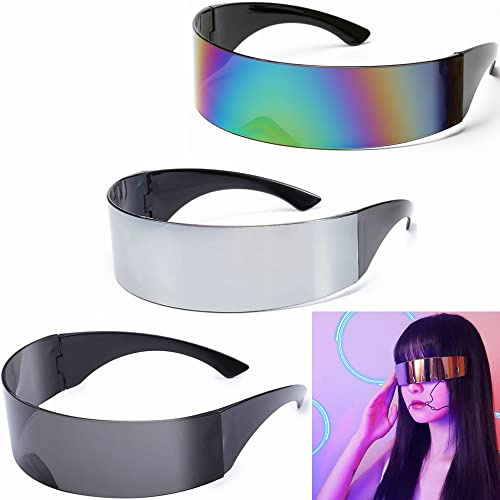 Kiwochy Schnelle Brille Futuristische Schmale Brille 3 Stk Farbiger+Silber+Schwarz Herren Damen Fun Glasses Space Alien für Weihnachten Karneval Festivals Rollenspiel Halloween