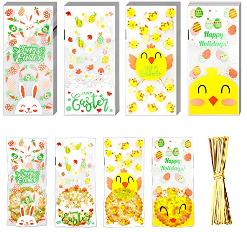 50Pcs Easter Cellophane Bags with Twist Ties, Jagowa Candy Cookie Bags Clear Sweet Treat Bags for Easter Party Supply