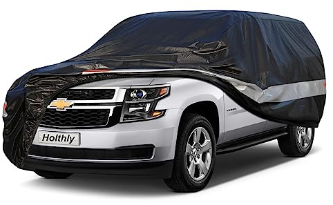 Holthly 10 Layers Car Cover Waterproof All Weather for Large SUV,100% Waterproof Outdoor Car Covers Rain Snow UV Dust Protection. Custom Fit for Chevy Tahoe, Traverse, Mercedes GLS, QX80, Patrol,etc