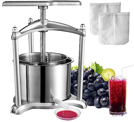 VEVOR Pressoir à Fruits Manuel 2 L Pressoir à Vin en INOX Base en Aluminium Presse-Fruits Manuel Baril Intérieur 18 x 15 cm Broyeur de Fruits Légumes pour Pressage de Vins Jus de Fruit Cidres Purées