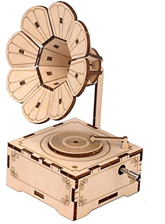 SAFIGLE 1 Jeu Boîte à Musique Bricolage 3D Puzzles Artisanat Gramophone Casse-tête Musical Artisanat De Gramophone Vintage Modèle D'assemblage Énigmes 3D Bois Manivelle Enfant Décorations