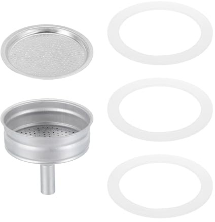 sourcing map Stovetop Espresso Maker Replacement Aluminium Coffee Pot Parts with 1pcs Filter and 3pcs Silicone Gasket Seals,1pcs Funnel 56x48x3mm for 3-Cup Mocha Coffee Maker Pot(Silver)