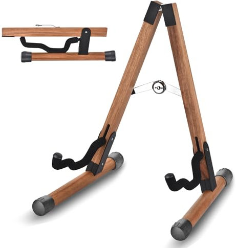 Gitarrenständer, Holz Gitarrenständer für Akustikgitarre, E-Gitarre und Bass, Klappbarer A-Rahmen Guitar Stand mit Rutschfestem Gummi und Weichen Schaumstoffarmen, Einfach zu Montieren