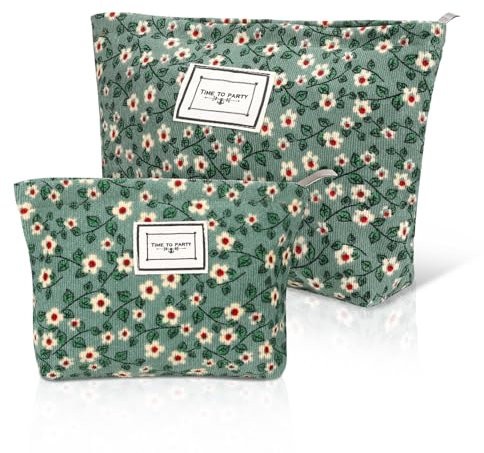 Newofview Kosmetiktasche Kulturtasche, 2 Stück Kulturtasche Cord Makeup Tasche Tragbar Reise Kosmetiktasche Organizer mit Reißverschluss, 2 Größen Cord Kosmetiktaschenset für Damen Mädchen (Green)