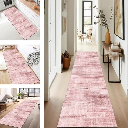 SUCERU Teppich Läufer für Küche Flur Wohnraum Küchenläufer rutschfest mit Gelrücken 50X200CM Rosa Weiß Polyester Dauerhaft Waschbar Teppichläufer Teppich Läufer für Waschküche Eingang Wohnzimmer