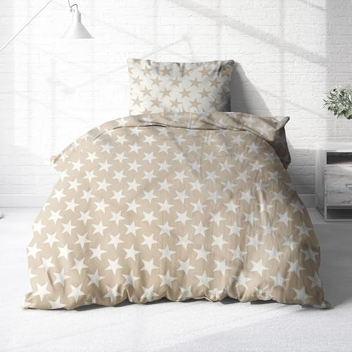 Bettwäsche aus 100% Baumwolle 2tlg. 155x220 + 80x80 cm Sterne weiß beige | Renforcé Wende-Bettwäsche mit Reißverschluss, leicht, atmungsaktiv, bügelfrei, ideal für Frühling und Sommer, OEKO-Tex