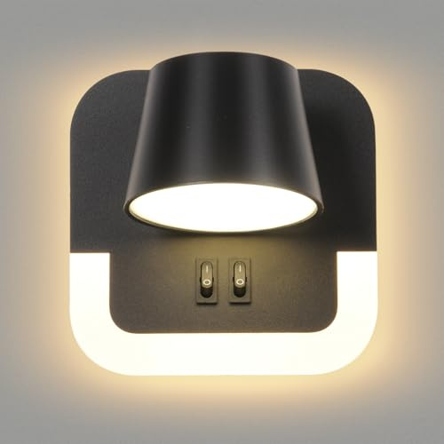 AWEKLIY LED Leselampe wandlampe mit schalter, Wand leselampe innen, Schlafzimmer Hotels wandleselampe Nachttischlampe, 4W+8W, Drehbarer Lampenkopf, Einstellbare Farbtemperatur 3000K, Schwarz