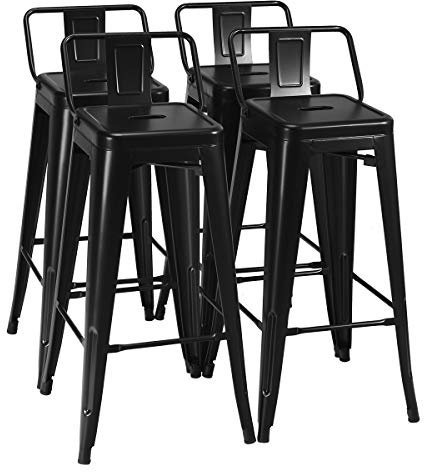 Giantex Set med 4 barstolar i vintage industriell stil, stapelbara barstolar i metall med robust ryggstöd och fotstöd, höjd 76 cm (svart)