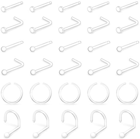 MixPiercing 30Pz Piercing Nariz Transparente Trabajo, Invisible Bioflex Silicon Retenedor para Quirofano, Forma de L Punta Plana y Aro 0,8mm