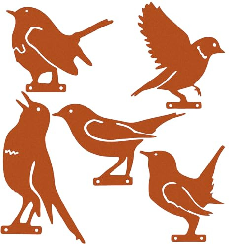 VICASKY 5 Stück Rost Deko Gartenstecker Weihnachten Zaunhocker Rost Vogel Gartendeko Gartenstecker Gartendeko Vögel Edel deko Edel Vogel Gartenvögel