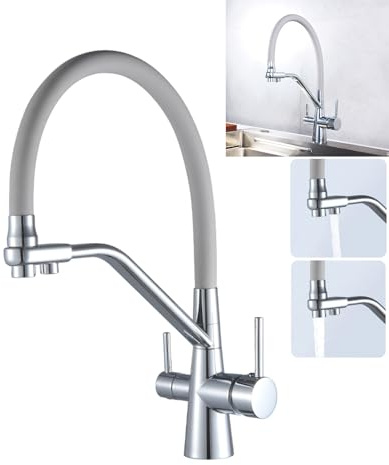 Grifo de Cocina 3 vias osmosis con Agua Fría y Caliente, Canal Independiente para Agua Purificada, Latón Duradero (Cromado brillante)