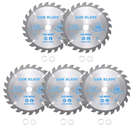 Kozelo 5pcs Circular Saw Blade - [5-1/2 Inch x 24 Teeth x 5/8 Inch Arbor] Tungsten Carbide Tipped Table Miter Saw Blades with 5/8 Inch to 1/2 Inch 3/8 Inch Washer Adapters | Yellow Black