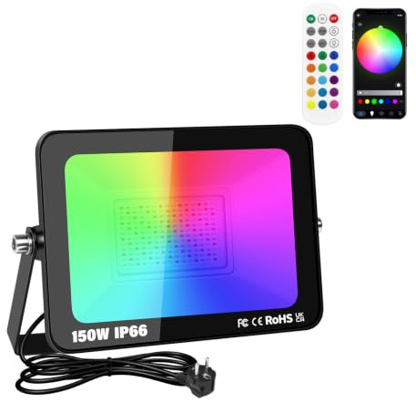 Willpower 1X RGB LED Strahler APP 150W Fluter Dimmbar Mit IR Steuerung | RGBW Flutlicht 15000LM, 16 Farbwechsel 4 Modi, Mit Stecker, Smart Timer, IP66 für Außen Innen Garten Party Deko Baum
