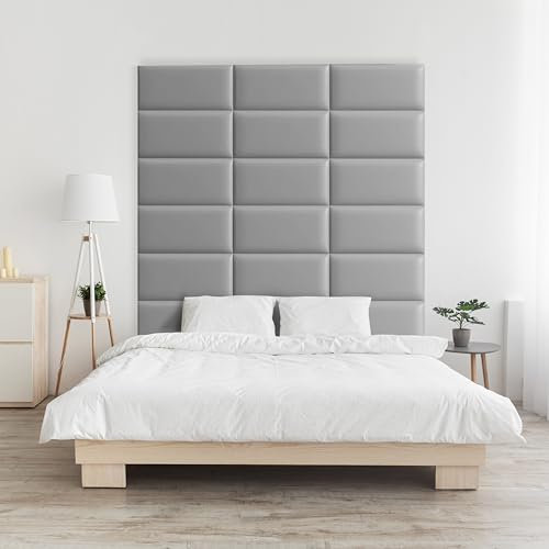 Stubotar Väggpanel, sänggavel, sänggavel, 3D-dekoration för sovrum, vadderad stoppad panel, ljudabsorberande väggpaneler, PU-läder 20 x 50 cm (grå, 9 st)