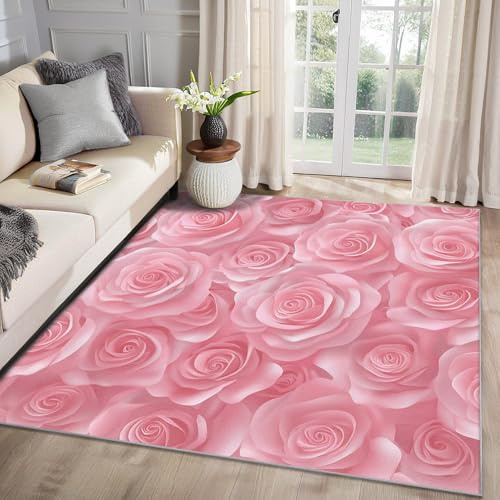 MMYAOKEN Rosa Rosen Teppich Wohnzimmer 50x80 Mädchen Romantisch Blumen Deko, Kleiner Teppich Kurzflor, Weich rutschfest Waschbare Teppiche, Fußmatte Bettvorleger Schlafzimmer Kinderzimmer