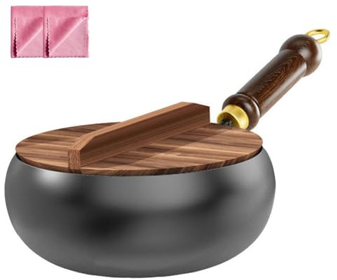 Japanische Eisenpfanne, Unbeschichtete Eisenpfanne, traditionell handgeschmiedeter Eisentopf, Mit Holzdeckel zum Kochen Braten (Mit Holzdeckel, 28 cm)