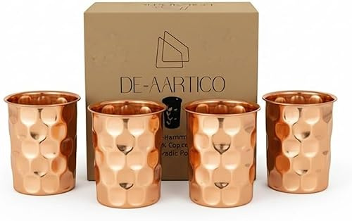 Pure Copper Tumblers for Drinking – Handmade Hammered Finish Water Glasses, 312ml (11 fl oz), Health Benefits for Hydration, Set of 4, Eco-Friendly Copper Cups for Water & Juices
