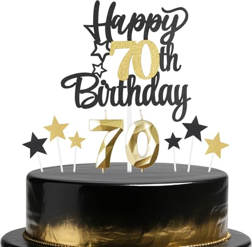 Black Gold 70th Birthday Candles Cake Toppers Set,70th Birthday Decorations for Men,Golden Number 70 Candle for Cake,Gold Candle Black Star Cupcake Toppers for Men Women Birthday Party Supplies