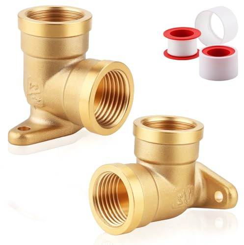 TXXATX 1/2 Zoll Wandscheibe 2 Stück Gewinde Fitting IG x IG Wanddose Messing Bogen 1/2 Zoll Winkel 90 Grad Wandwinkel Verteiler mit 2 Dichtband für Reparatur Fitting Teile Wasser Wandanschluss
