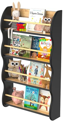 defiPad Wandregal für Kinderzimmer - Bücherregal Kinder mit 4 Ablagen - Montessori Spielzeugregal Wand - Robust Kinderregal für Bücher und Spielzeug - Made in EU (Schwarz Eiche, 4 Ebenen (100 x 60CM))