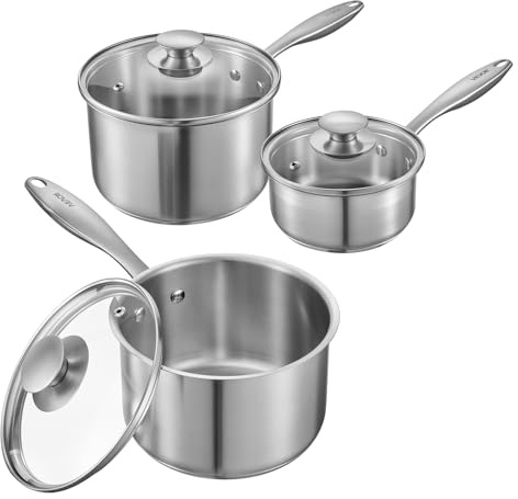 VEVOR Ensemble de Casseroles en Acier Inoxydable 0,95/1,9/2,8 L, Antiadhésive, avec Couvercle en Verre et Poignée Ergonomique, Lavable au Lave-vaisselle, Compatible avec Four et Plaque à Induction