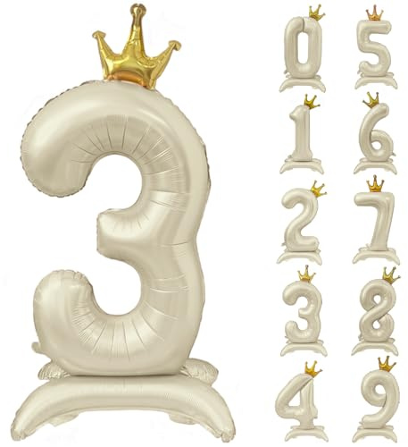 Creme Weiß Ballon 40 Zoll Stehende Zahl 3 Luftballon mit Krone Beige Krone Ballon Zahlen 0-9 Groß Helium Ballons Cremeweiß Geburtstag Party Dekorationen Hochzeit Deko
