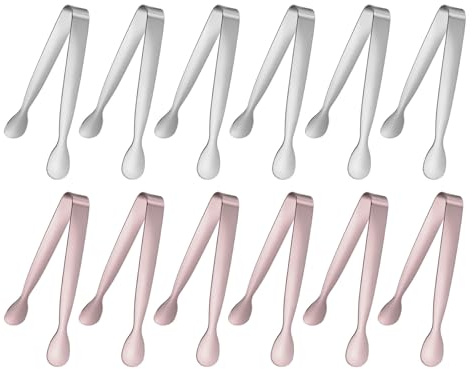 M METERXITY 12-Pack Mini Serving Tongs, 4.3 Inch 304 Stainless Steel Mini Sugar Cube Ice Tong for Tea and Coffee Party, Small U-Shaped Metal Accessories [Silver Tone, Rose Gold]