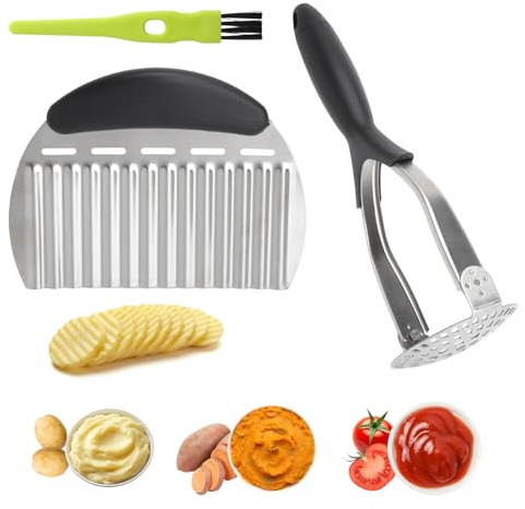 JYYWTSI Presse-Purée Manuel et Coupe Ondulé Set Écrase-Pommes de Terre Avec Design Rotatif Coupe-Légumes Ondulé Poignée Ergonomique pour Purée Pommes de Terre Légumes Fruits Cuisine Camping