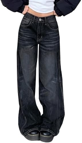 Damjeans brett ben hög höjd, hög stretch dambyxor jeans avslappnad passform svarta byxor kvinnor med fickknapp med dragkedja flugstängning vardagliga träningsbyxor denimbyxor för vardagskläder, Svart