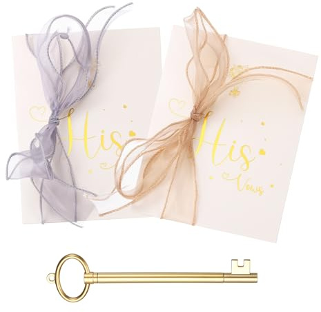 YOKIVE Wedding Day Vow Card Set, (7.87 x 5.51-Inch, Gold/Grey), Vow Card with Key Shape Pen for Her & Him Ribbon Version A, Gold Foil, Great Gift for Bride Groom Bridal Wedding