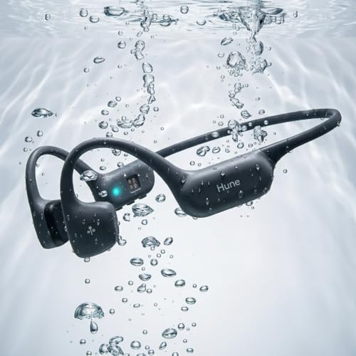HUNE Ola - Cuffie a conduzione ossea, IP68, per nuoto e corsa, Bluetooth 6, orecchio aperto, autonomia 9h, ricarica rapida, memoria da 32 GB, plastica riciclata