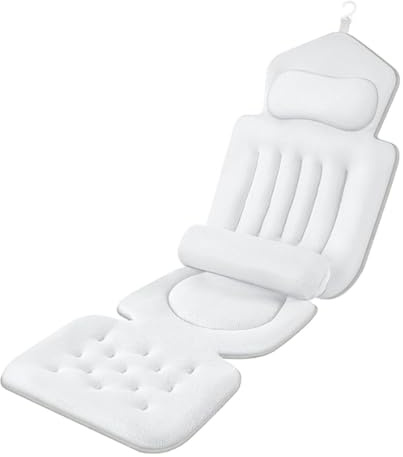 NEWFUN Almohada Bañera, Cojin Bañera, Alfombrilla para bañera de 134 x 41 cm con reposacabezas y Soporte Lumbar, con Bolsa de Lavado y de Viaje y Gancho para Colgar para un Secado rápido