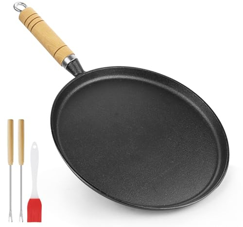 Hioph Cast Iron Pancake Pan with Wooden Handle, 25cm Round Griddle, Non-Stick Base, Includes Fork and Basting Brush, for Dosa, Omelette, Tortilla