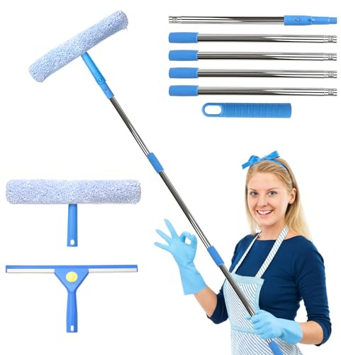FSAIYIJ 2m Extendable Window Cleaning Pole Kit with Squeegee and Scrubber | 2m sectional window cleaning pole with microfibre scrubber and silicone squeegee for windows, mirrors and shower glass