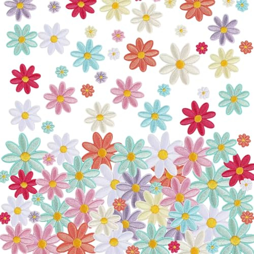 72 Stück Gänseblümchen Flicken, COGVOHY 4 Größen 9 Farben Aufbügel Aufnäher Flicken zum Aufbügeln Bügelflicken Blumen Patches zum Aufbügeln Bügelbilder Für Kleidung Jacken Jeans Schuhe Und Rucksäcke