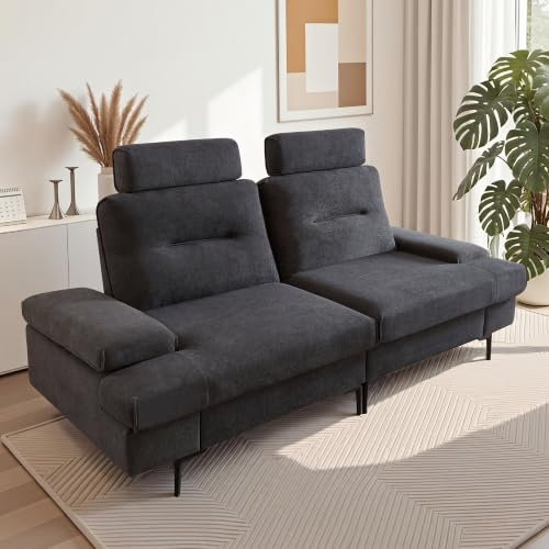 LUXOAK 220cm 3 Seater Sofa, Adjustable Seat Depth 53/84cm, Terry Fabric | Adjustable Backrest & Headrest, 3-Level Armrests, Pocket Spring Comfort, Soft Terry Fabric, Durable Steel Frame