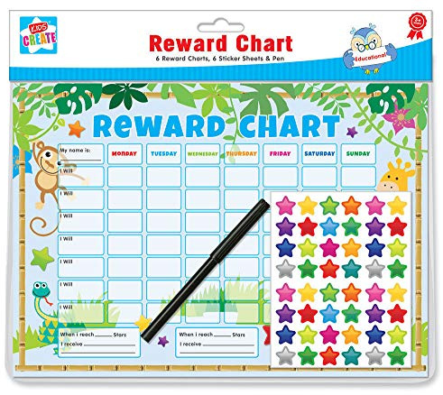 Kids Create 12 x Belohnungstafeln für Kinder mit Dschungel-Thema, Verhaltens- und Arbeitsdiagramm mit Aufklebern und Stiften von
