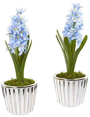 Nearly Natural Künstliche Vase, Hyazinthe, weiß, mit silberfarbenem Rand, 2 Stück, Blau