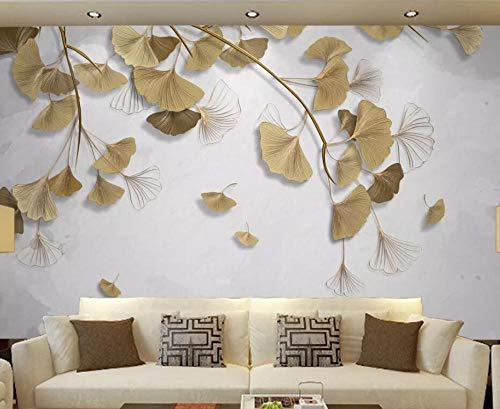 MIWEI Wallpaper Papier Peint Panoramique Feuilles De Ginkgo À La Lignes En Relief Doré Papier Peint Nature Intissé Murale Chambre Salon（350cmX256cm）