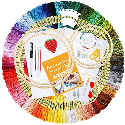 Inscraft Broderi Startkit, 304-pack broderikit inklusive 200 färgtrådar, 5 st bambubroderiöglor, 2 st Aida-tyg, instruktioner och förpackningsväska för vuxna barn nybörjare