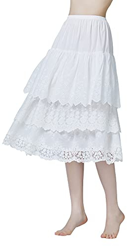 BEAUTELICATE Enaguas para Vestidos Larga 100% Algodón Antiestática Combinación para Falda Antideslizante Cintura Elástica Falda Marfil con Encaje Dobladillo（Marfil,L）