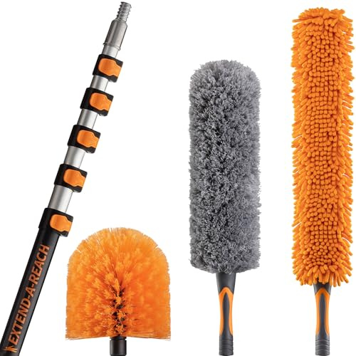 9.1m (30 ft) High Reach Duster Kit with 1.5-7.3m (5-24 ft) Extension Pole // High Ceiling Cleaning Kit with Telescopic Pole, Cobweb Brush, Feather Duster & Ceiling Fan Duster // Ultimate Dusting Kit