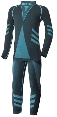 Ladeheid Skiunterwäsche Kinder Funktionsunterwäsche Set Langarm Shirt Lange Unterhose Thermoaktiv LAGI009 (Schwarz/Turquoise, 134-140)