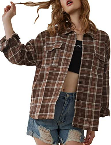 Zontroldy Blusa de franela a cuadros con botones de manga larga informal de gran tamaño para mujer, #2 Café, Medium