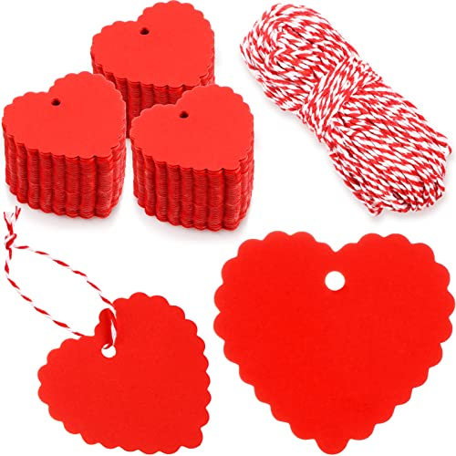 diyfixlcd 300 etiquetas y cordel rojo y blanco de 98 pies, con forma de corazón rojo, etiquetas de papel kraft para el día de San Valentín, etiquetas de regalo con cuerda para bodas