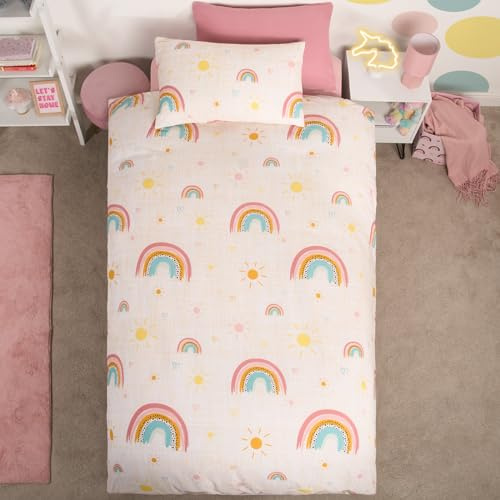 Dreamscene Bettwäsche Regenbogen mit Kissenbezug, Mädchen-Einzelbettbezug, Einzelbettwäsche, Kinder-Bettbezüge und -Sets, Kinderbett, Bettwäsche-Sets für Mädchen, Rosa Kinderbettwäsche 135x200 mädchen