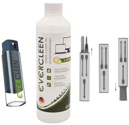 EVERCLEEN 2 GO Made in Germany Screen Cleaner Pro Bildschirmreiniger + 500ml Refill + 4in1 Tool für AirPods/InEar Kopfhörer, Veganer Reiniger. TV Tablet Displays Smartphones