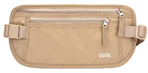Unisex Money Belt For Men and Women, Slim Passport Holder RFID Blocking Travel Essentials Pouch with Adjustable Strap Small Waist Pouch for Workout Running Travelling Hiking, Beige