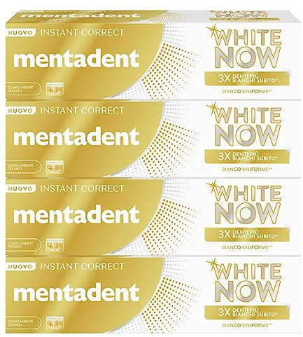 Mentadent White Now Instant Correct Zahnpasta Aufhellung Sofortige Wirkung Weiß Uniform Gegen Oberflächenflecken Nagellack Zahnaufhellung Temporäre Aufhellung - 4 Flaschen à 75 ml
