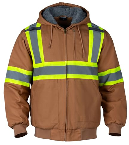 Sicalobo Men's High Visibility Work Jacket, Reflective Waterproof Cashmere Lining Canvas Cold Weather Jacket,Brown,3XL